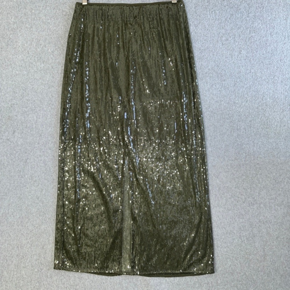 A New Day Olive Green Sequin Midi Skirt Small Whimsigoth Holiday Sparkle